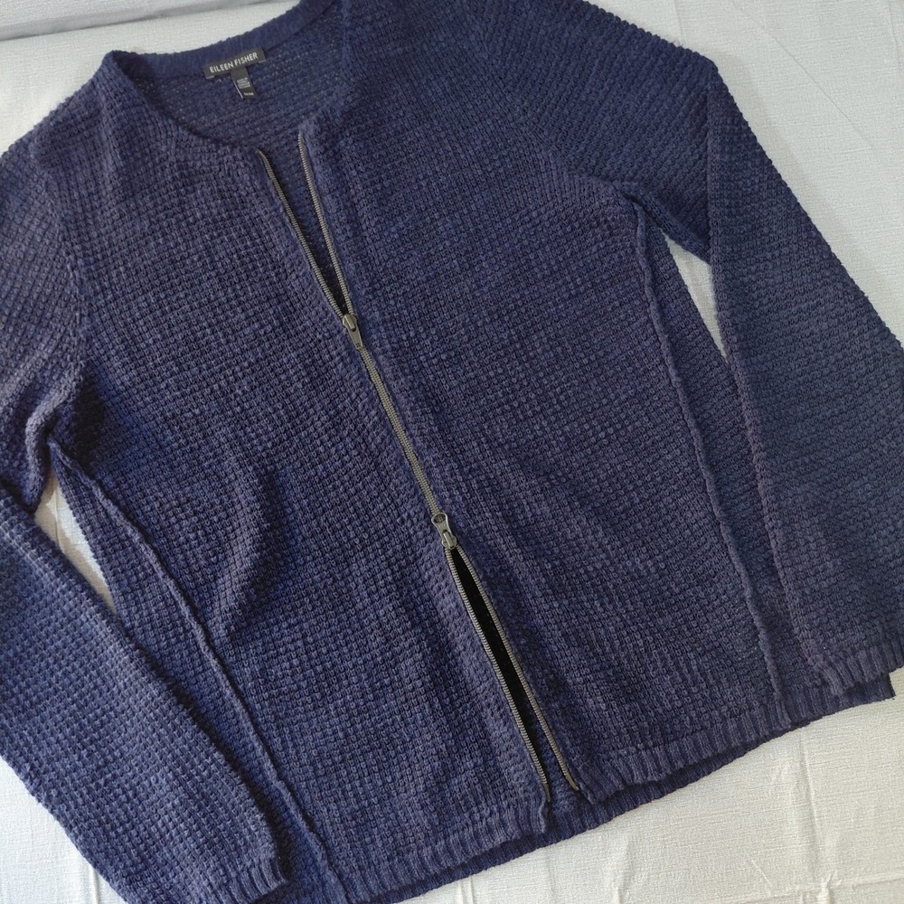 Eileen Fisher Organic Linen Cotton Blend Zip Front Cardigan Women's Med Blue